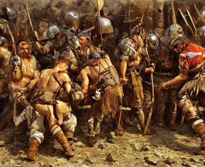 Prompt: a small garrison of barbarian men dressing for battle, art by denys tsiperko and bogdan rezunenko, hyperrealism