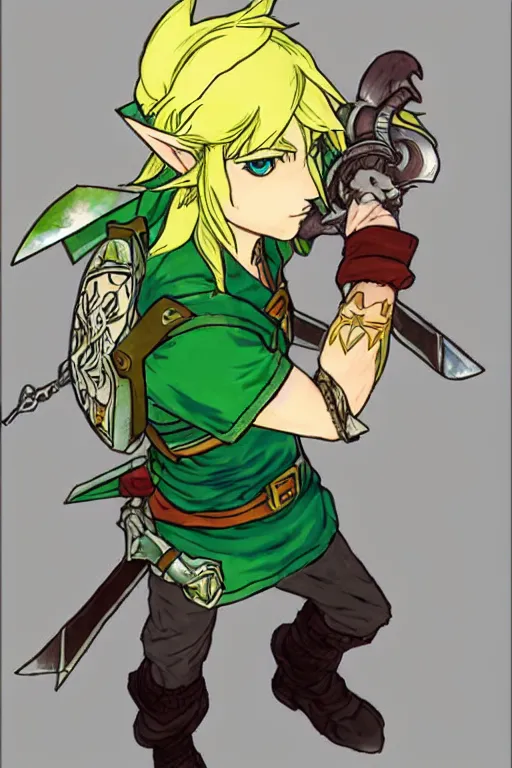 Prompt: Link from the Legend of Zelda as a Final Fantasy Character, by Yoshitaka Amano, peaceful color palette