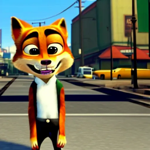 Image similar to Screenshot from the original Grand Theft Auto III featuring Nick Wilde (from Zootopia)