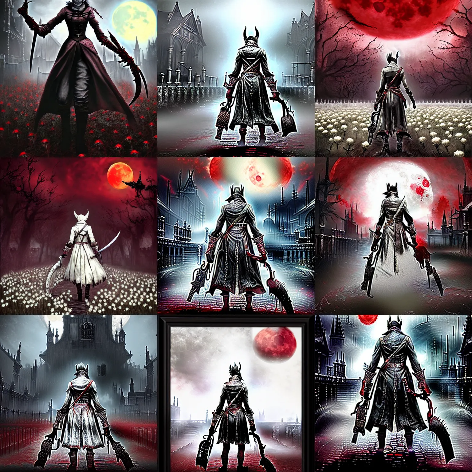 Prompt: bloodborne huntress, field of white flowers, red moon, romantic paint style