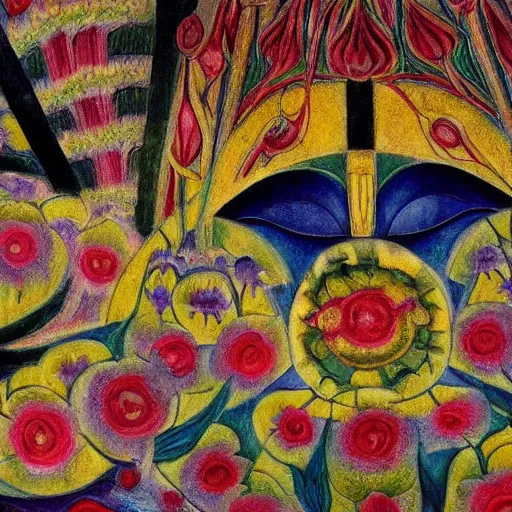 Image similar to closeup of a facemask made of flowers, by annie swynnerton and jean delville and edward hopper and diego rivera and evelyn de morgan and rufino tamayo, dark flower shaman, art brut, outsider art, symbolist, dramatic lighting, god rays, elaborate geometric ornament, clean crisp graphics, smooth sharp focus, extremely detailed, adolf wolfli