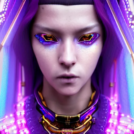 Image similar to hyperdetailed close portrait of a stunningly beautiful cyberpunk girl androgynous wizard guard made of iridescent metals and shiny purple gems, bright rainbow nimbus, transparent necklace, gold background inspired by ross tran and masamune shirow and kuvshinov, concept art, intricate, photorealistic, octane render, rtx, hdr, unreal engine, dnd digital art by artgerm