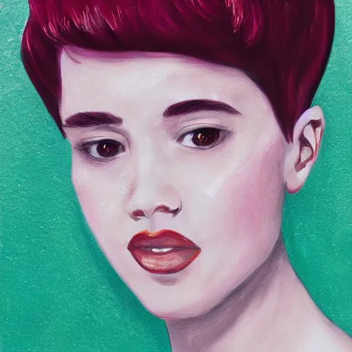 Image similar to portrait of a young woman with a heart - shaped face and short pink spiky hair, 8 k, digital paint