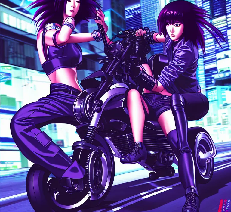 Image similar to motoko kusanagi riding a cyberpunk vehicle in a grungy cyberpunk megacity, bosozoku gang war, cyberpunk vaporwave, artgerm, sola digital arts, anti aliasing, raytracing