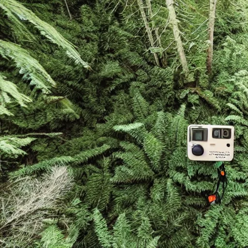 Image similar to a photo of a person looking down at a go pro they discovered in the forest