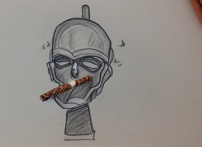 Image similar to drawing, scribble, sketch of a robot sci - fi war lord smoking cigar