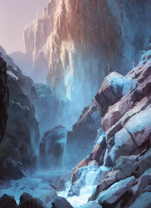 Prompt: icy mountain cave, unreal 5 render, rhads, sargent and leyendecker, savrasov levitan polenov, bruce pennington, studio ghibli, tim hildebrandt, digital art, landscape painting, octane render, beautiful composition, trending on artstation, award winning photograph, masterpiece