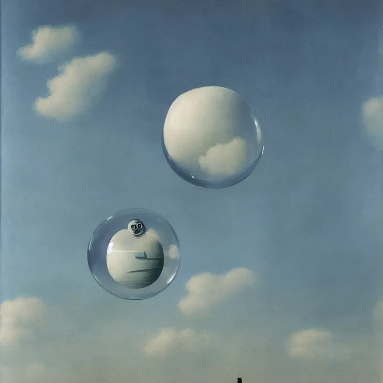 Image similar to a robot floating inside of a soap bubble among the clouds, ethereal, fantasy, style of rene magritte