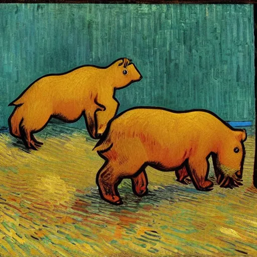 Image similar to two capybaras playing videogames by van gogh