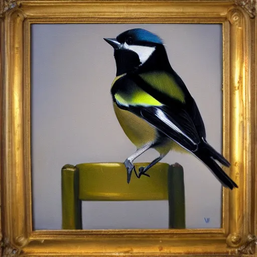 Prompt: an oil painting of a great tit perched on a chair, highly detailed, oleo, artstation, sharp focus, by diego velazquez