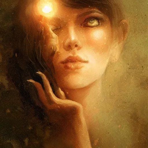 Image similar to A woman holding!!!!! Earth in her palms, enchanting it with a spell, illustrated by Greg Rutkowski and Gaston Bussiere, vividly radiantly beautiful lighting, closeup!!!!!, portrait imagery!!!!!, dazzling dappled lighting, subsurface scattering, light refractions, trending on artstation, 4k, 8k!!!!!