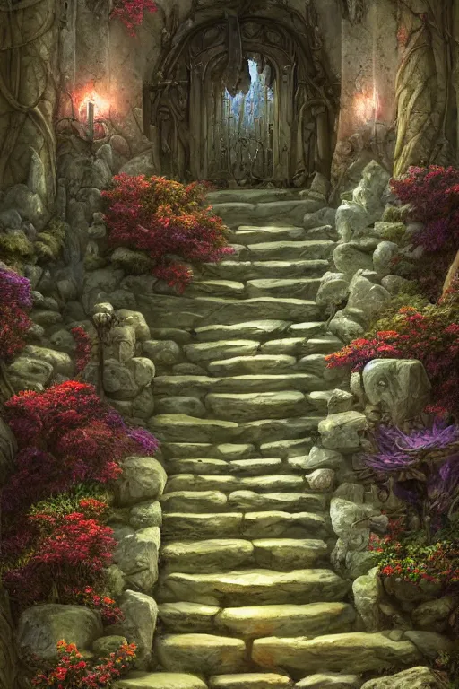 Image similar to matte glossy painting of stone steps fantasy leading do a fantasy door opening flowers, thorns roots along the steps, artstation by emilia dziubak, will terry, greg olsen, chris mars, ann long, and mark brooks, gret ritkowski dramatic, architecture, colorful warcraft architecture