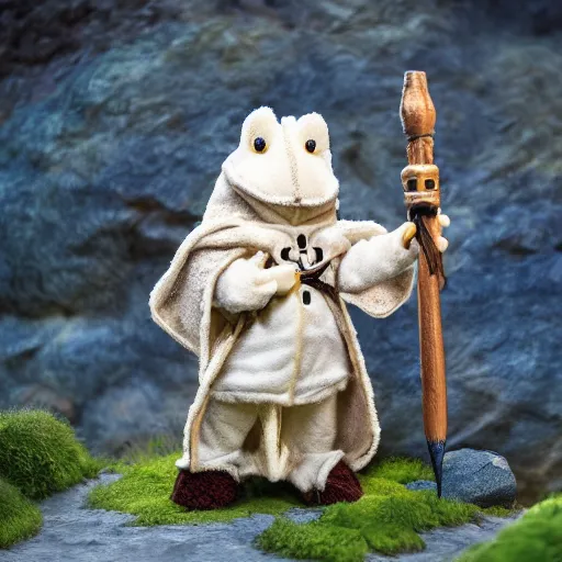 Image similar to a huggable white plush frog paladin cleric wearing a wolf pelt as a hooded cape and sketchbook and pencil while exploring a cave, photorealistic, nature, photography, national geographic, sesame street