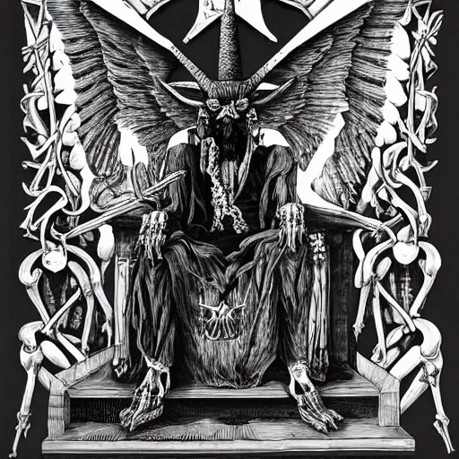 Prompt: baphomet seated on a royal throne made of bones