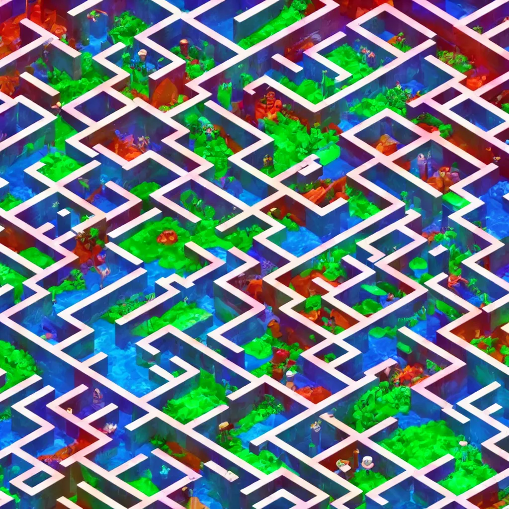 Image similar to wimmelbilder maze made of 80's arcade jungle waterfall level, isometric, white path, octane render, particle effects, unreal engine, very sharp, high contrast