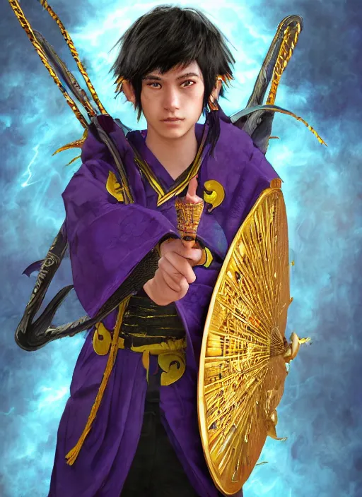 Image similar to An epic fantasy comic book style portrait painting of teenager boy with straight indigo hair, purple eyes with red eye markers, slim body, wearing a detailed Japanese kimono with golden armor pieces, holding a japanese fan. Unreal 5, DAZ, hyperrealistic, octane render, cosplay, RPG portrait, dynamic lighting