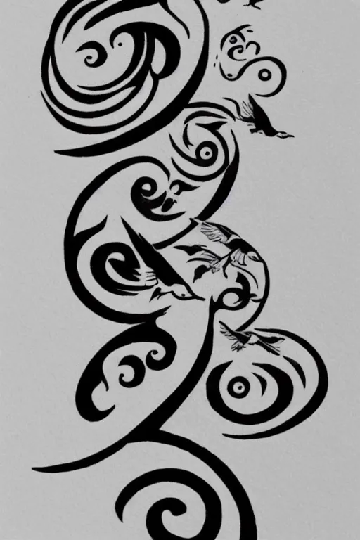 Image similar to a simple tattoo design of birds flying in a 8 spiral, black ink, logo