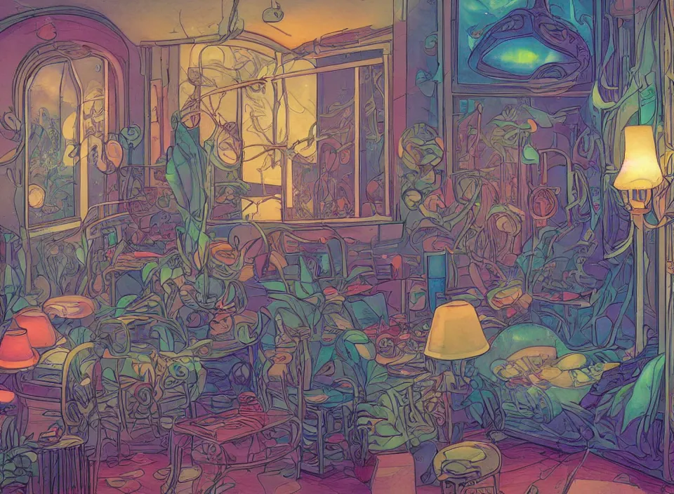 Image similar to telephoto 7 0 mm f / 2. 8 iso 2 0 0 photograph depicting the feeling of chrysalism in a cosy cluttered french sci - fi ( art nouveau ) cyberpunk apartment in a pastel dreamstate art cinema style. ( aquarium, computer screens, window ( city ), leds, lamp, ( ( ( aquarium bed ) ) ) ), ambient light.