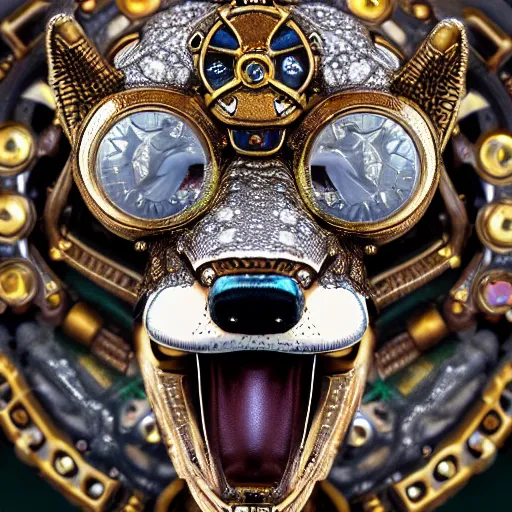 Image similar to A close up symmetric steampunk fox head with sparkling eyes made from ornate engraved full plate armor and Rolex gears and jewels and gems, macro shot by Justin Gerard, unreal engine, detailed, intricate, physically based rendering