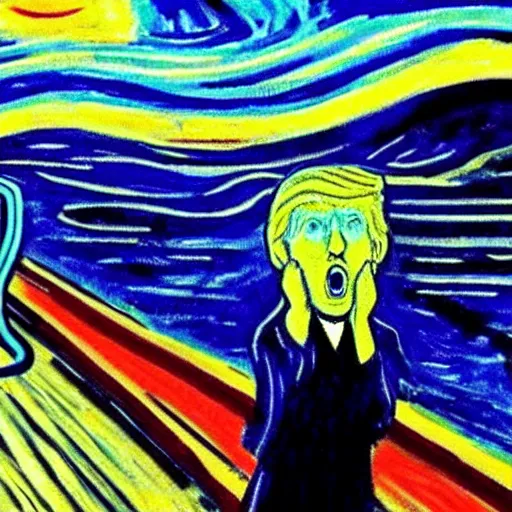 Prompt: donald trump as edvard munch's the scream, van gogh's the starry night in the background