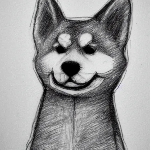 Image similar to pencil sketch of a shiba inu smoking a cigarette, sad expression