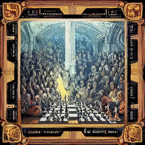 Prompt: full color and depth oil painting of the most epic chess game in all of time and space, by gustave dore, the great masters, cinematic, heavy metal album cover