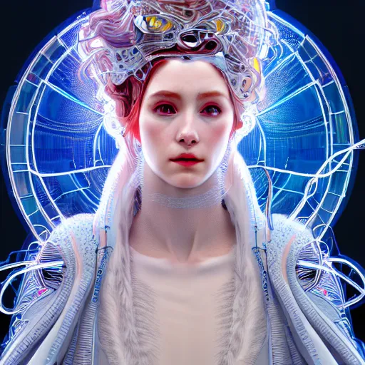 Image similar to high quality, high detailed portrait of a snow queen cyberpunk character in a futuristic world, hyperrealism, intricate details, cables, wires, connectors, led. alphonse mucha, pastel colors, vintage, artstation, vector. 8 k