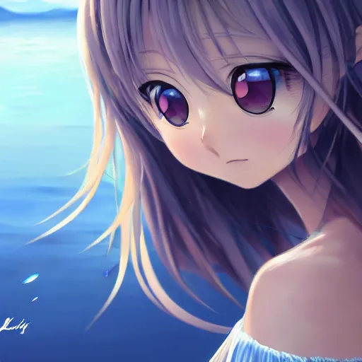 Prompt: a very beautiful anime cute girl, full body, long wavy blond hair, sky blue eyes, full round face, short smile, fancy top, miniskirt, front view, summer lake setting, cinematic lightning, medium shot, mid-shot, highly detailed, trending on Artstation, Unreal Engine 4k, cinematic wallpaper by Stanley Artgerm Lau, WLOP, Rossdraws, James Jean, Andrei Riabovitchev, Marc Simonetti, and Sakimichan