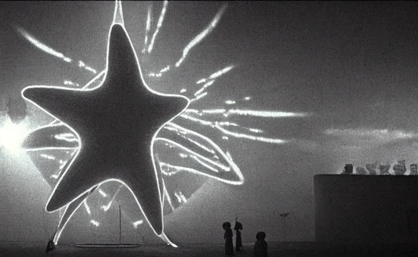 Image similar to light coming out of one starfish - like kaiju anthropomorphic monster, korean film noir by kim jong - il, korean traditional palace, pyongyang city, 1 9 6 0 s, red color bleed, 4 k, video compression, video glitch, monochrome, akira kurosawa, mamoru oshii, wes anderson, stanley kubrick