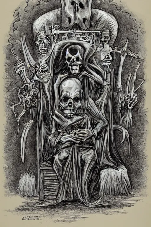 Image similar to grim reaper sitting in a throne, surrounded by your other personalities, by ed ( big daddy ) roth