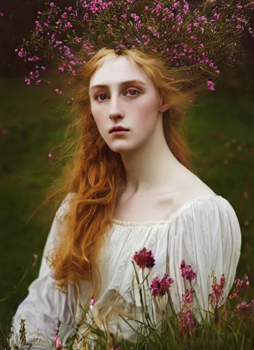 Prompt: kodak portra 1 0 0 photo medium portrait of a pre - raphaelite blond beautiful woman, dress in flowers, dreamy mood, fine art photography in style of nicholas fols, 1 5 0 mm, emotionally evoking, head in focus, stormy clouds outdoor, matt mute colour background, volumetric lighting, hyper realistic, ultra detailed