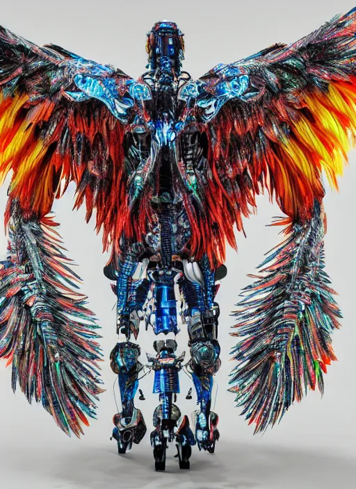 Prompt: / imagine a 3 d render of a huge robot with feathered wings attached to its back. saturated colors, ultra detailed, hyper realistic, intricate, japanese, futuristic,