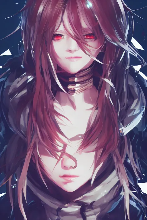 Image similar to portrait of an anime character with cute eyes in the style of a cover art of code vein, 3d anime, octane render, dynamic lighting, with glitch and chromatic abbreviations, artstation, by anime concept artist, rendered in unreal engine, by WENJR, WLOP, artgerm