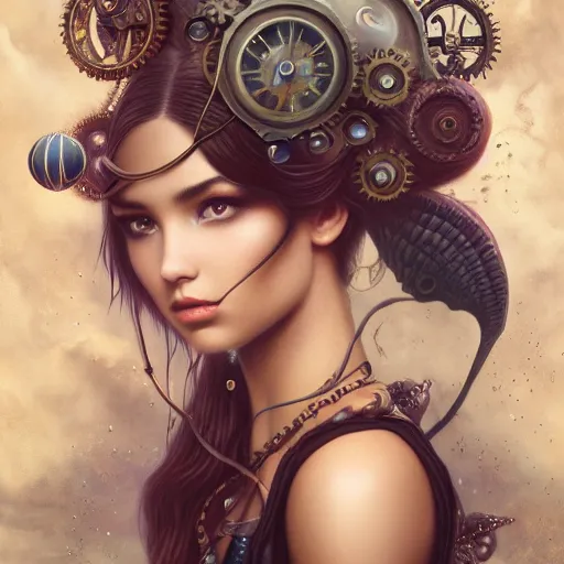 Image similar to tom bagshaw, ocean depths cosmic waves curiosities in steampunk lovecraftian world, beautiful asian mix of dove cameron madison beer bella poarch in a full dress, pure makeup, professionally retouched, focus eyes, ultra realistic soft painting, insanely detailed linework, symmetrical accurate intricate features, behance, 8 k