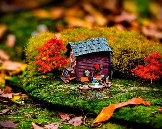Prompt: dream a miniature village in a forest, moss, autumn, warm colors, photography, depth of field