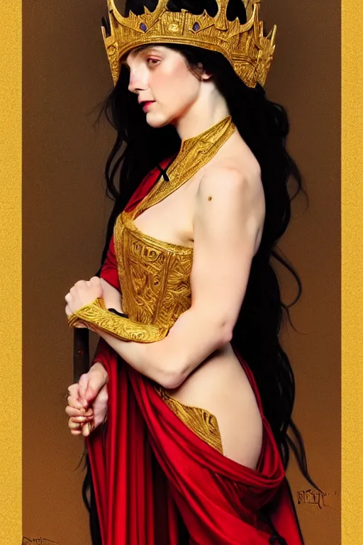 Image similar to Portrait of historically accurate, ancient biblical, sultry, sneering, evil, pagan, wicked, young queen jezebel, wearing gilded red robes, long black hair, intricate, elegant, highly detailed, digital painting, artstation, concept art, smooth, sharp focus, illustration, art by artgerm and greg rutkowski and alphonse mucha and andrei riabovitchev