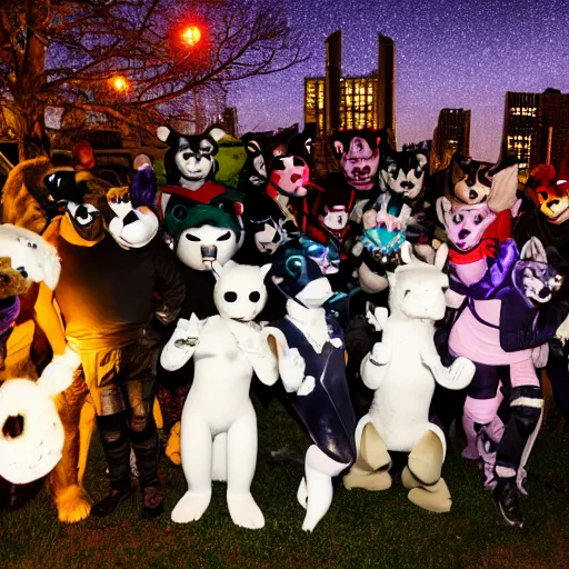 Image similar to photograph of a group or fursuiters at a furry convention in the city park at night, studio photography, f/1.8 cinematic lens