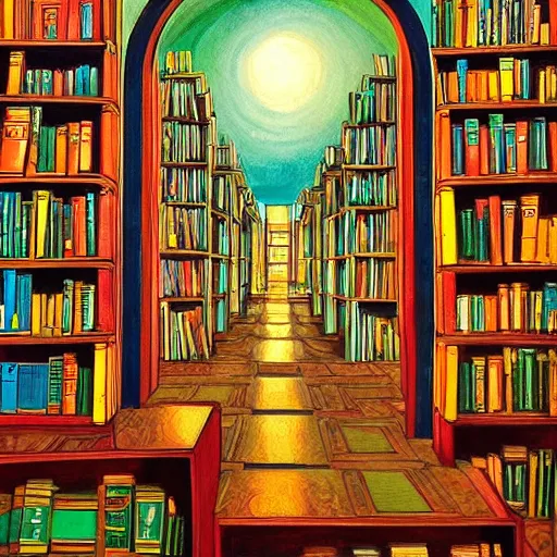 Prompt: beautiful vibrant painting of library in shape of human head, cross-section of human head with library inside trending on Artstation by James Gurney, high quality