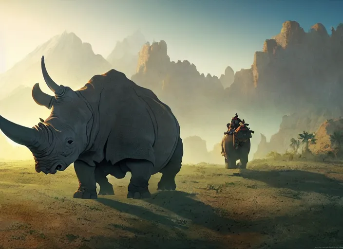 Prompt: the big large expedition with a lot of explores, warriors and adventurers, being brought by gigantic rhinos carrying stuff towards the desert of duhnes medium shot, studio ghibli animation, anime key art by craig mullins, bloom, dramatic lighting