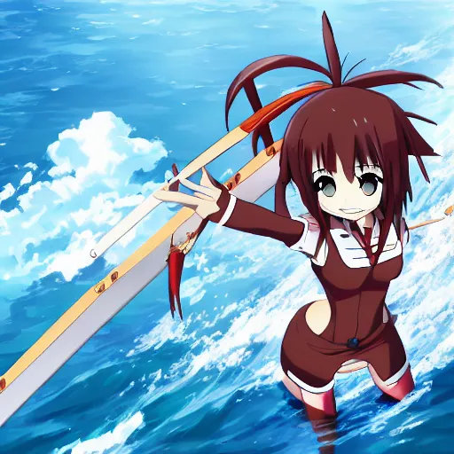 Prompt: Kantai Collection battleship Kirishima Kai Ni Full standing in the middle of the ocean anime Wallpaper , shipgirls , anime ,manga , absurdres, brown hair drawn by hisahiko