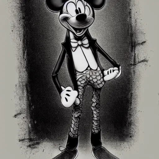 Image similar to michael karcz grunge drawing of mickey mouse. , in the style of corpse bride, loony toons style, horror themed, detailed, elegant, intricate, trending on artstation, 4k