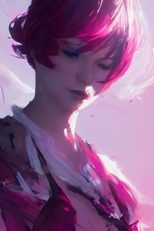 Image similar to A beautiful woman with professional makeup, with shoulder length mid-length magenta hair, volumetric lighting, dramatic atmosphere, by Dustin Nguyen, Akihiko Yoshida, Greg Tocchini, Greg Rutkowski, Cliff Chiang, 4k resolution, trending on artstation