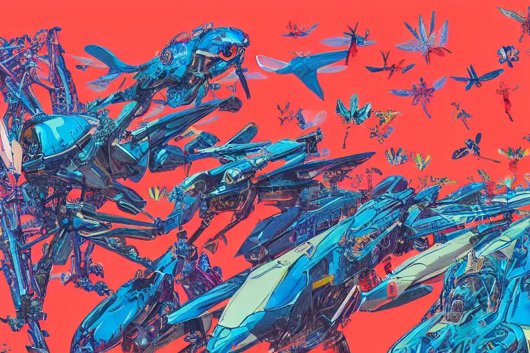 Image similar to risograph, gigantic mecha arzach birds with dragonflies, tiny rats, a lot of exotic animals around, big human faces everywhere, helicopters and tremendous birds, by satoshi kon and moebius, matte summer blue colors, surreal psychedelic design, crispy, super - detailed, a lot of tiny details, 4 k, fullshot