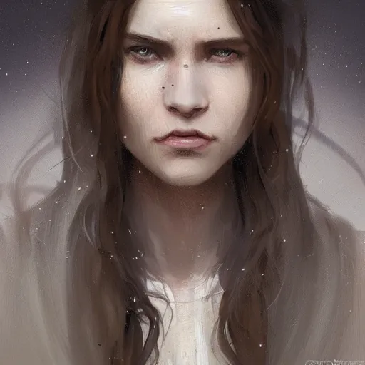 Image similar to portrait of an woman by Greg Rutkowski, she is about 20 years old, pretty, long brown wavy hair, scar near her mouth that makes her look like she's smiling all the time, wearing jedi robes, Star Wars Expanded Universe, highly detailed portrait, digital painting, artstation, concept art, smooth, sharp foccus ilustration, Artstation HQ