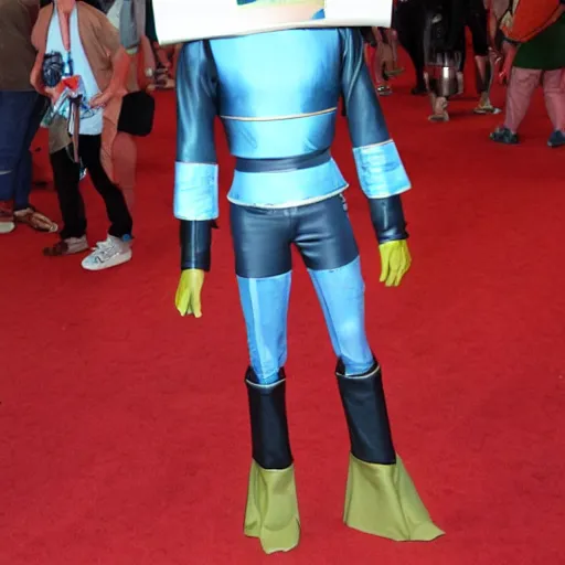 Prompt: man poorly cosplaying bender, comic con photograph