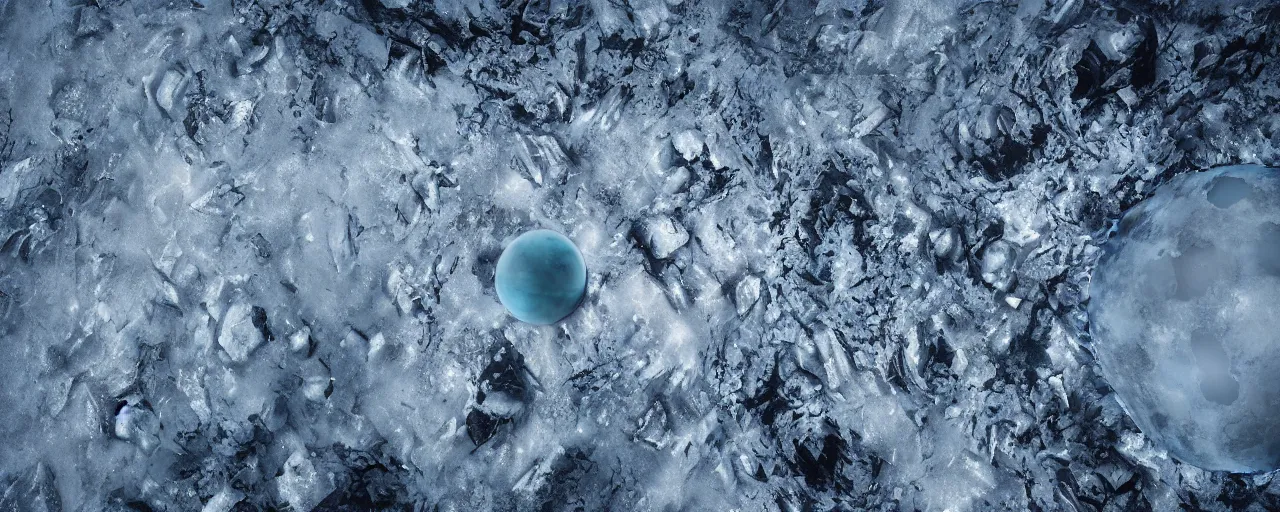 Image similar to ” outer planet covered in ice, [ by wlop, cinematic, detailed, epic, widescreen, opening, establishing, mattepainting, photorealistic, realistic textures, octane render ] ”