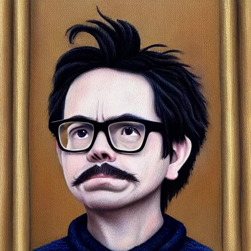 Prompt: An Oil Painting of Rivers Cuomo in a sweater with long hair and a mustache sweating bullets as he looks outside his window in his apartment to see kim jong un's nukes falling onto the city, hyperrealistic, extremely realistic, highly realistic, HD Quality, 4k resolution, 8k resolution, Detailed, Very Detailed, Highly Detailed, Extremely Detailed, Intricate Details, Real, Very Real, Oil Painting, Digital Painting, Painting, Trending on Deviantart, Trending on Artstation