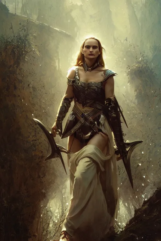 Image similar to natalie portman, legendary warrior, heroic, lord of the rings, tattoos, decorative ornaments, battle armor, by carl spitzweg, ismail inceoglu, vdragan bibin, hans thoma, greg rutkowski, alexandros pyromallis, perfect face, fine details, realistic shading photorealism