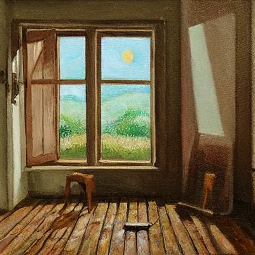 Prompt: oil painting of mostly empty cottage interior with one small window with sunlight shining on the floor. artistic. cozy. wooden floor. rustic