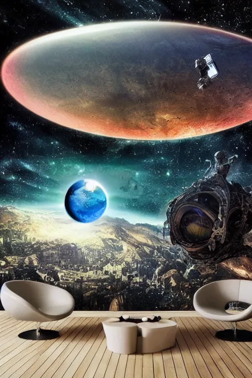 Image similar to Inside a room alien spaceship with large window that provide a scenic view of a huge planet can be seen in the background, Highly detailed labeled, poster, aesthetic, haeccety